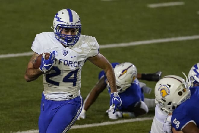 Air Force running back Kadin Remsberg (24) runs against San Jose State during the first half of an NCAA college football game in San Jose, Calif., Saturday, Oct. 24, 2020. (AP Photo/Jeff Chiu)