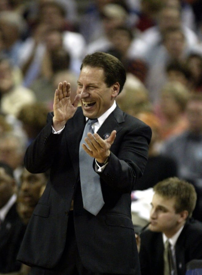 2005, MSU 78, Duke 68: Michigan State coach Tom Izzo laughs about a call during their game against Duke in the second half of the regional semifinals on Friday, March 25, 2005, in Austin, Texas.