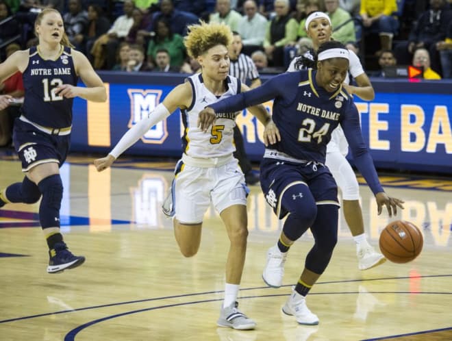 In her homecoming at Milwaukee, Arike Ogunbowale tied her career high with 32 points in the 87-63 Irish win.