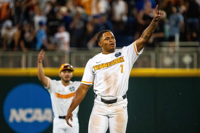 Jun 14, 2024; Omaha, NE, USA; Tennessee Volunteers second baseman Christian Moore (1) celebrates after a walk off single by left fielder Dylan Dreiling (8) against the Florida State Seminoles at Charles Schwab Filed Omaha.