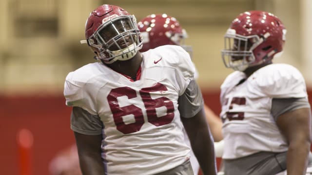 Lester Cotton (66) played at both right guard and right tackle for Alabama this spring. Photo | Laura Chramer