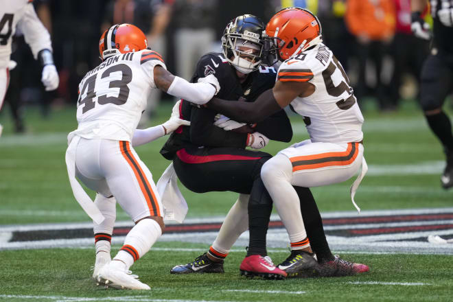 Former LSU linebacker and third-year pro Jacob Phillips of the Cleveland Browns (50) had 7 tackles including 6 solo in the first start of his NFL career in Sunday's 23-20 loss to the Atlanta Falcons.