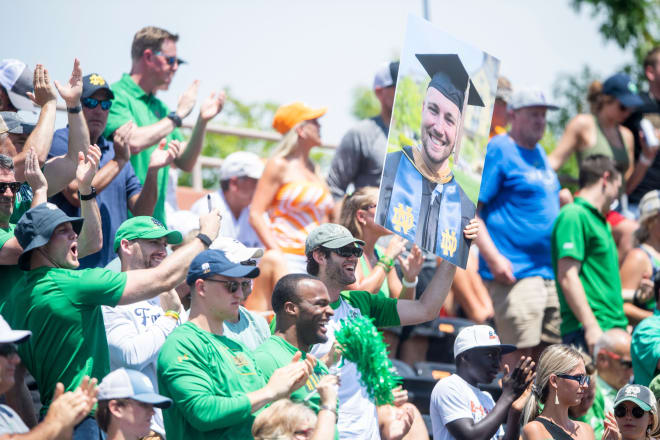 A smattering of Notre Dame football players are part of the Irish cheeing section at the Knoxville Super Regional.