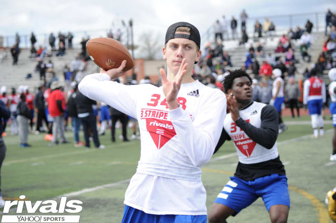 Penn State quarterback early enrollee Christian Veilleux throws a pass at a Rivals camp. 
