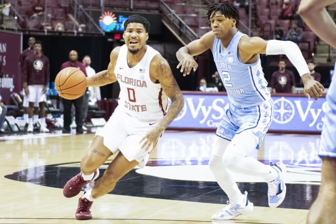 FSU senior guard RayQuan Evans drives earlier this season against North Carolina.