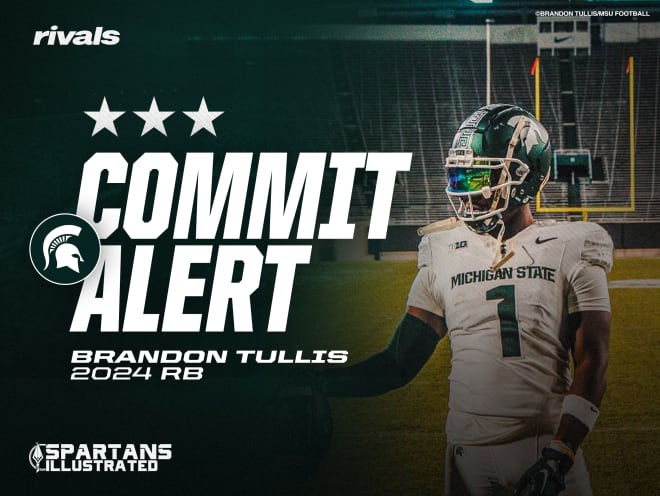 Brandon Tullis committed to Michigan State following an official visit. (Graphic created by Ben Sonday, original photo credited to Brandon Tullis/MSU Football)