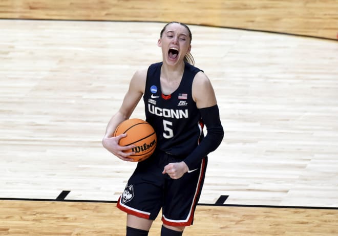 UConn guard Paige Bueckers reacts as the game ends during an Elite Eight college basketball game against Southern California in the women's NCAA Tournament, Monday, April 1, 2024, in Portland, Ore.