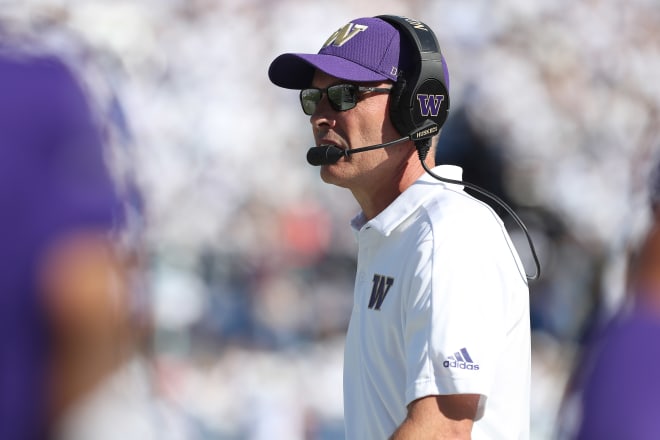 Washington Huskies head coach Chris Petersen on the sidelines during the third quarter against BYU Cougars at LaVell Edwards Stadium. Photo Credit: Melissa Majchrzak-USA TODAY Sports