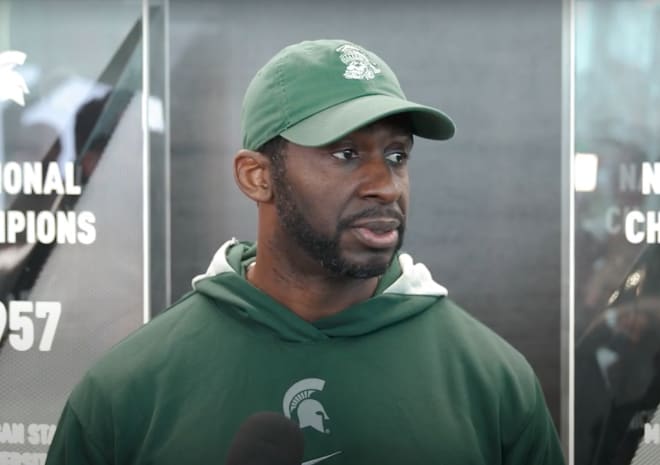 Michigan State secondary coach Blue Adams speaks to the media following spring practice No. 7 on Tuesday, April 2. 