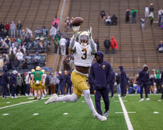 Sophomore rover Jaylen Sneed catches a pass in a pregame drill before Saturday's Blue-Gold Game.