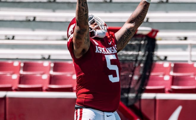 Arkansas defensive tackle Cam Ball during the Red-White Spring Game on April 13 at Reynolds Razorback Stadium in Fayetteville.