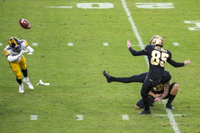 J.D. Dellinger hit 40-of-54 career field-goal attempts (74.1 percent) at Purdue.