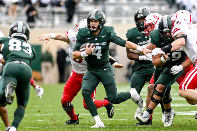Michigan State's Sam Leavitt runs for a first down against Nebraska during the fourth quarter on Saturday, Nov. 4, 2023, at Spartan Stadium in East Lansing. Photo credit: Nick King/Lansing State Journal/USA TODAY NETWORK
