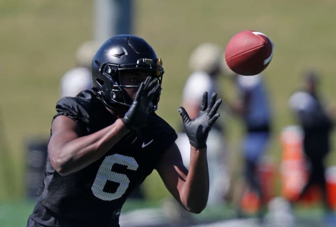 Purdue Boilermakers wide receiver Curtis Deville Jr. (6) runs a drill during Purdue football practice, Tuesday, April 18, 2023, at Purdue University in West Lafayette, Ind. Harrisonmccbb041823 Am06264