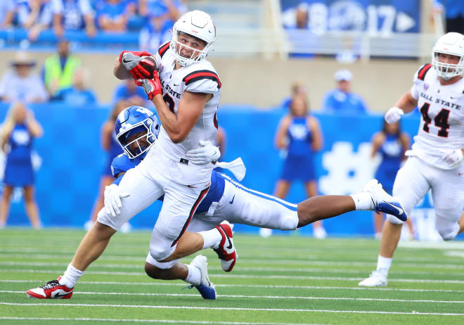  Ball State Cardinals tight end Tanner Koziol (88) is defended by Kentucky Wildcats linebacker Trevin Wallace (32) in a game between the Ball State Cardinals and the Kentucky Wildcats on September 2, 2023, at Kroger Field in Lexington, KY.