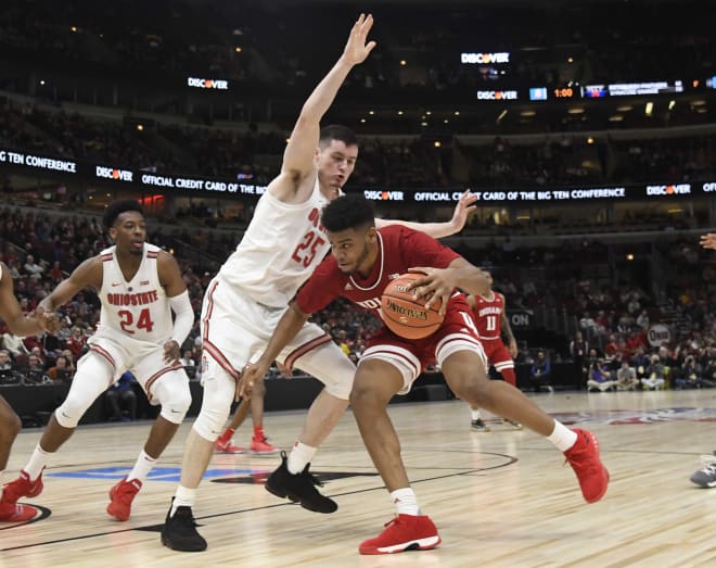 Juwan Morgan drives to the hoop in his final Big Ten Tournament game, a loss to Ohio State.