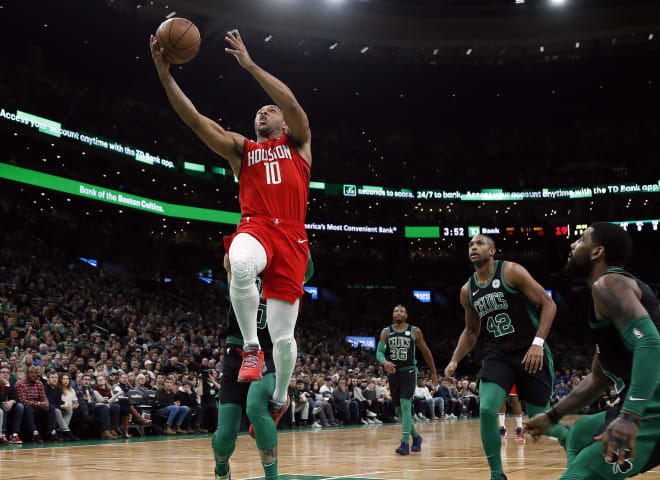Houston Rockets guard Eric Gordon (10) drives uncontested to the basket against the Boston Celtics during the first quarter at TD Garden on Sunday. The former IU standout finished with 32 points, his second-most in a single game this season.