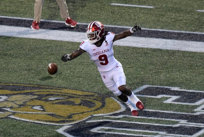 Indiana defensive back Jonathan Crawford (9) celebrates after scoring a touchdown on an interception return in the first quarter against the FIU Golden Panthers at Riccardo Silva Stadium on Sept. 1. Crawford was named the team's MVP for the 2018 season Tuesday night at its end-of-season awards banquet inside the Henke Hall of Champions.