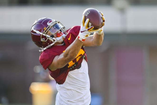 Sophomore Drake London showing off his reach and hands on Monday.