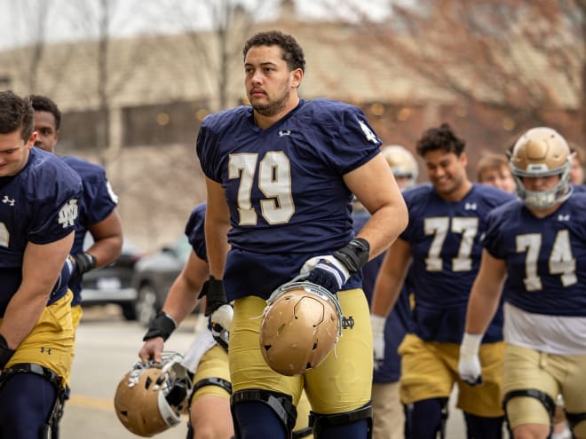 Notre Dame graduate senior Tosh Baker is looking to become the full-time starter at right tackle in 2024.
