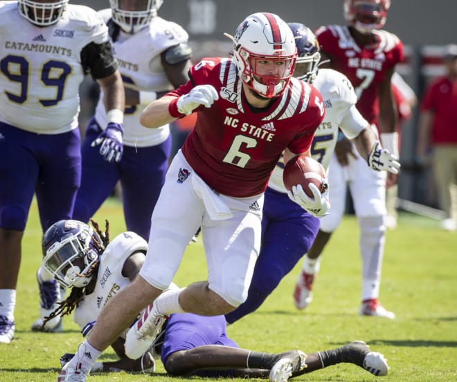 NC State redshirt junior tight end Cary Angeline caught four passes for 47 yards and a touchdown Saturday during the Wolfpack's 41-0 win over Western Carolina at Carter-Finley Stadium in Raleigh.
