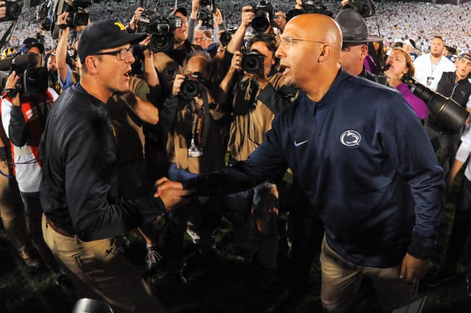 Michigan football's Jim Harbaugh and James Franklin will square off for the fifth time Saturday night in State College.