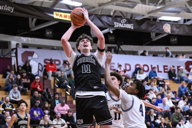 Spencer Ahrens of Sunrise Christian (11) shoots the ball during the second half of the Spalding Hoophall Classic high school basketball game between Sunrise Christian Academy and LaLumiere on January 13, 2024 at Blake Arena in Springfield, MA