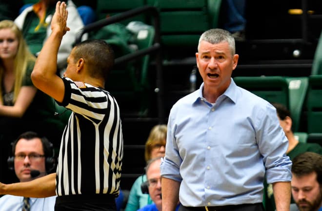Boise State Broncos head coach Leon Rice is called for a technical foul in double overtime against the Colorado State Rams at Moby Arena. The Rams defeated the Broncos in double overtime 97-93.