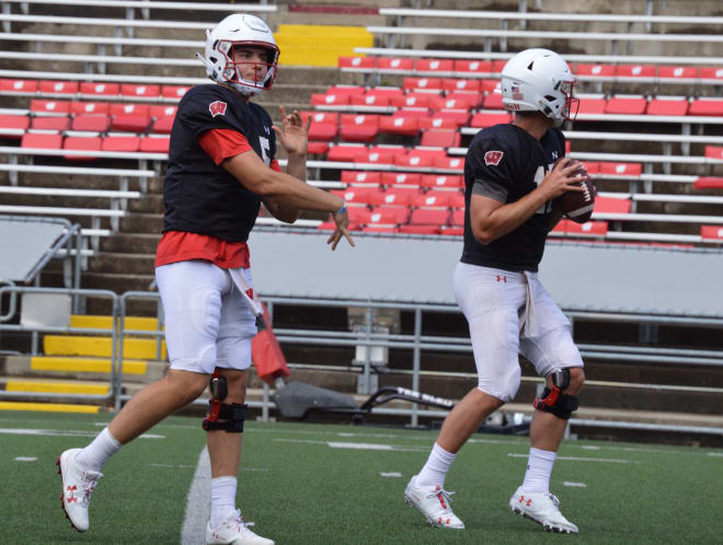 Wisconsin Badgers quarterback Graham Mertz and Notre Dame Fighting Irish football quarterback Jack Coan