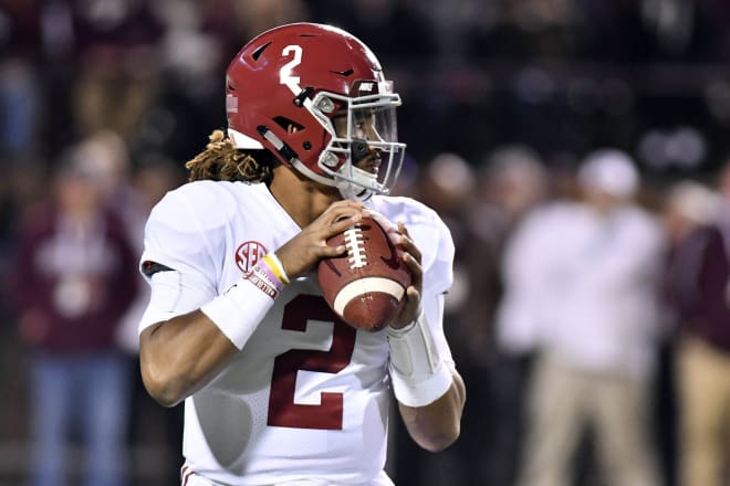Alabama Crimson Tide quarterback Jalen Hurts (2) looks to pass against the Mississippi State Bulldogs during the first quarter at Davis Wade Stadium. Photo | USA Today