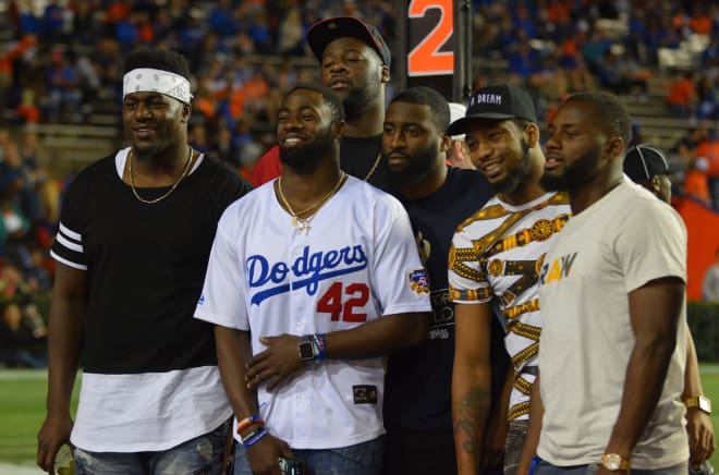 Former Gators (from left to right) Bryan Cox Jr., Marcus Maye, David Sharpe, Latroy Pittman, Loucheiz Purifoy and Brian Poole
