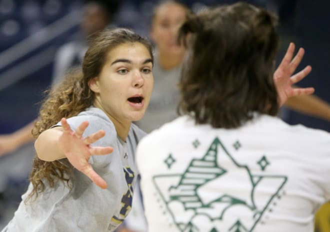 Maddy Westbeld runs through a defensive drills during a recent Notre Dame women's basketball practice.