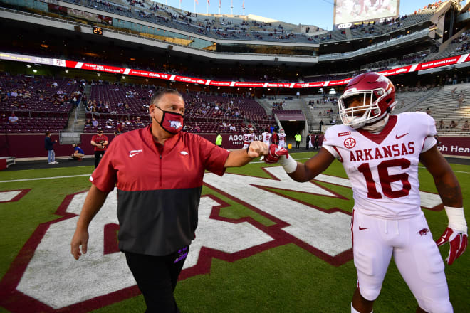 Arkansas head coach Sam Pittman and receiver Treylon Burks.