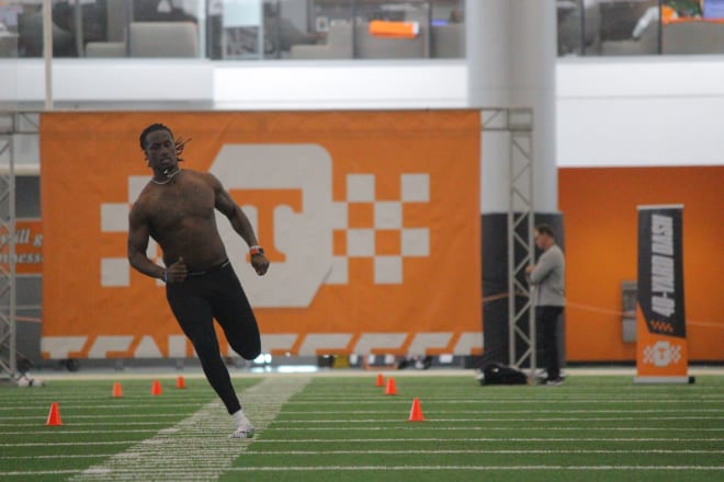 Joe Milton III runs at Tennessee football Pro Day on March 27, 2024.