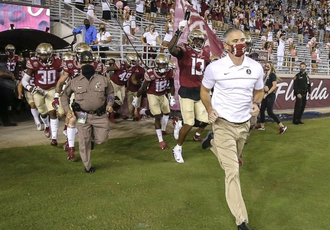 FSU coach Mike Norvell leads the Seminoles into competition earlier this season.