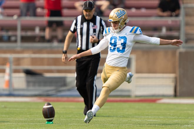 Sep 25, 2021; Stanford, California, USA; UCLA Bruins place kicker RJ Lopez (93) kicks the ball during the first quarter against the Stanford Cardinal at Stanford Stadium. Mandatory Credit: Stan Szeto-USA TODAY Sports
