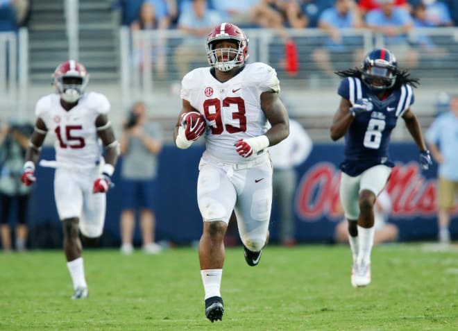 Alabama defensive lineman Jonathan Allen (93) returns fumble for a long touchdown during Alabama's 48-43 win over Ole Miss in Oxford Saturday, September 17, 2016.