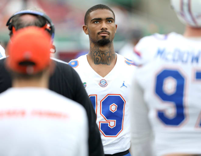 University of Florida Elijah Blades (19) on the sideline during the second game of the season against the USF Bulls at Raymond James Stadium, in Tampa Fla. Sept. 11, 2021.