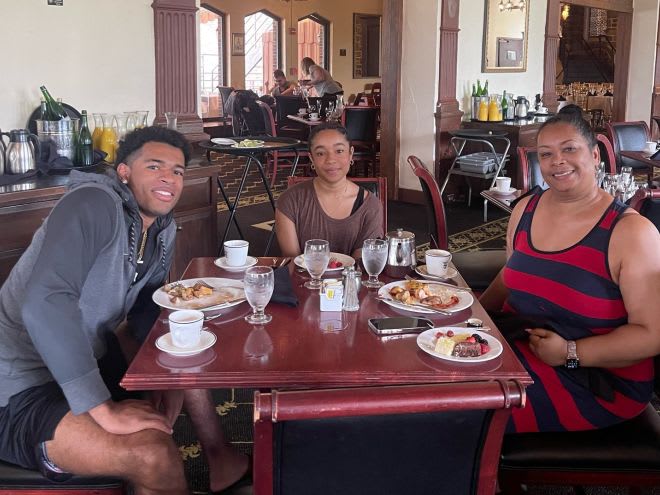 Incoming QB Ethan Washington, along with his sister and mother having Sunday morning breakfast at the Thayer Hotel on the grounds of West Point