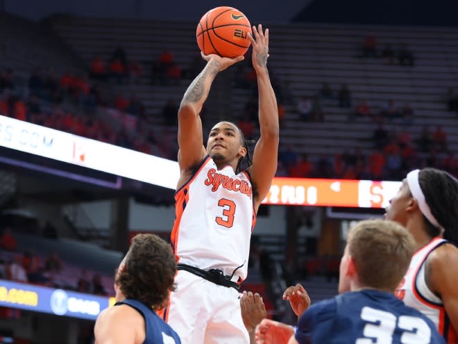 Nov 6, 2023; Syracuse, New York, USA; Syracuse Orange guard Judah Mintz (3) shoots against the New Hampshire Wildcats during the second half at the JMA Wireless Dome. Mandatory Credit: Rich Barnes-USA TODAY Sports