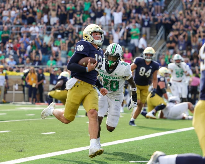Irish QB Tyler Buchner ran for a team-high 44 yards and two TDs, but his passing stats regressed in his secone-ever start.