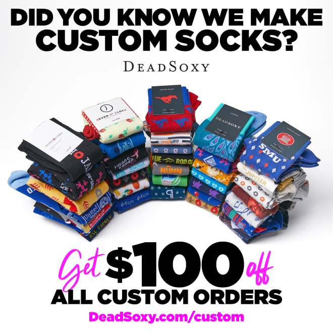 Get $100 off a wholesale order of custom socks at DeadSoxy.com/custom