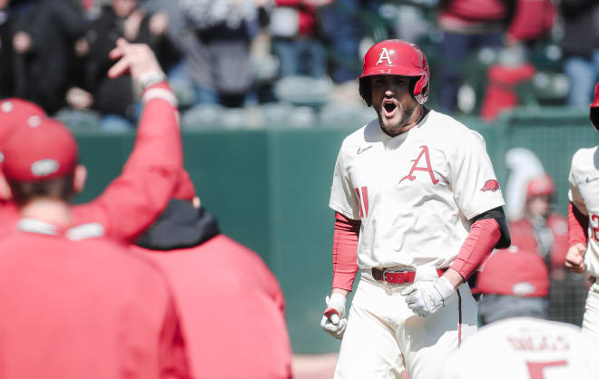 Jared Wegner celebrates his ninth home run of the season, a go-ahead three-run shot Sunday against Auburn.