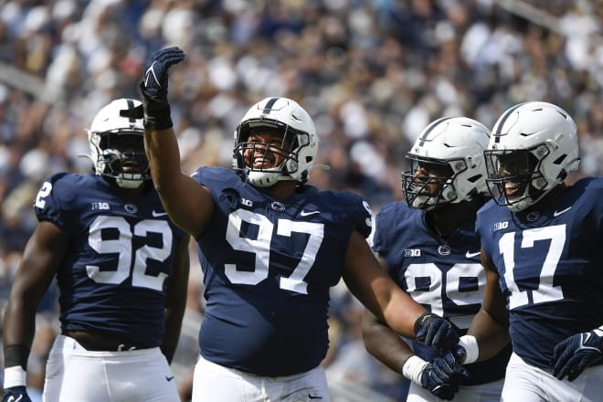 Penn State's defensive line celebrates a big play in last weekend's win over Villanova. AP photo/Barry Reeger