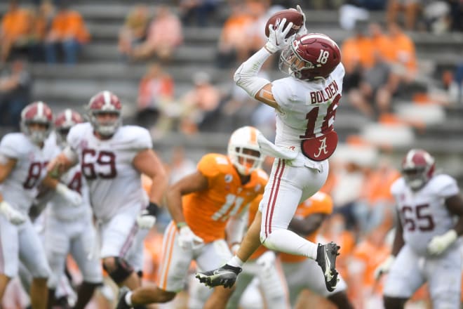 Alabama wide receiver Slade Bolden (18) makes a catch during a game between Alabama and Tennessee at Neyland Stadium in Knoxville, Tenn. on Saturday. Photo | Imagn 