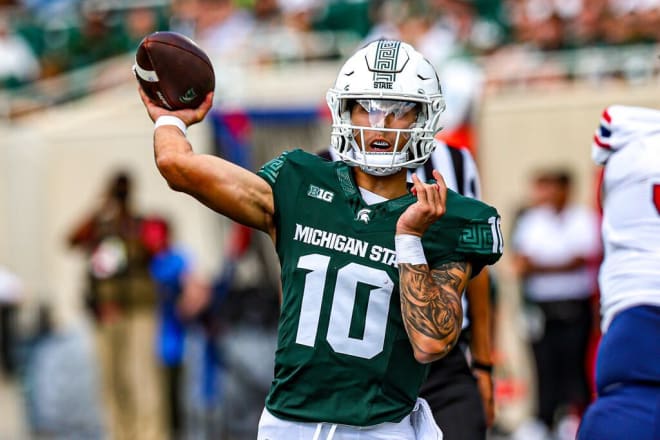 Noah Kim attempts a pass against Richmond during the first half of Michigan State's matchup against the Spiders on Sept. 9, 2023 at Spartan Stadium in East Lansing, Mich.