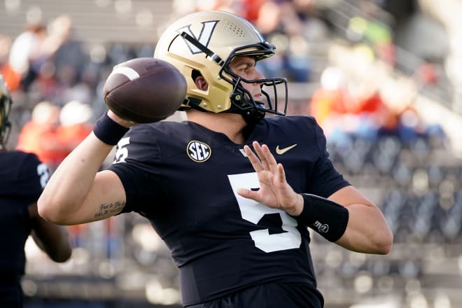 Vanderbilt quarterback AJ Swann (5) throws during warm ups before a game against Auburn at FirstBank Stadium in Nashville, Tenn. Photo | Andrew Nelles / The Tennessean / USA TODAY NETWORK