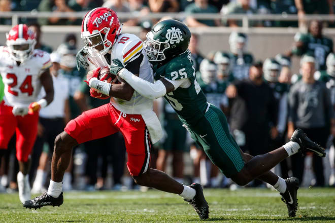 Tai Felton (No. 10) had three catches for 67 yards in the Terps' win at Michigan State. 