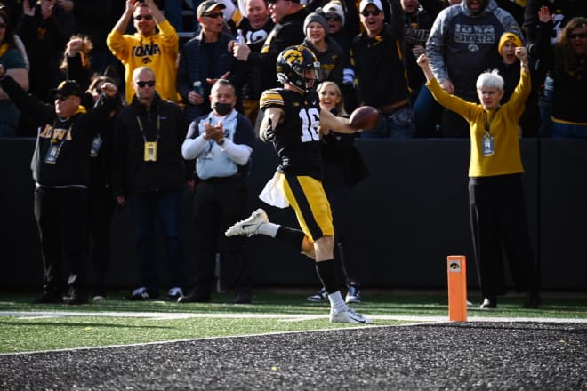 Charlie Jones scored on a 100-yard kickoff return for a touchdown for the Hawkeyes.