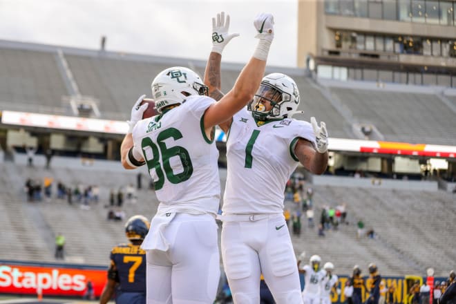 Baylor TE Ben Sims celebrates his TD reception in OT against West Virginia.